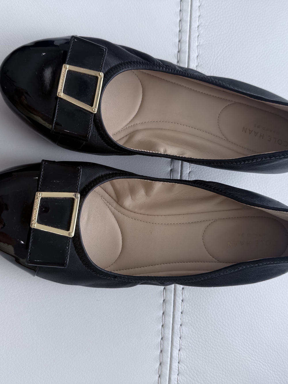 Cole Haan Black Patent Ballet Flats with Gold Buckle Accent